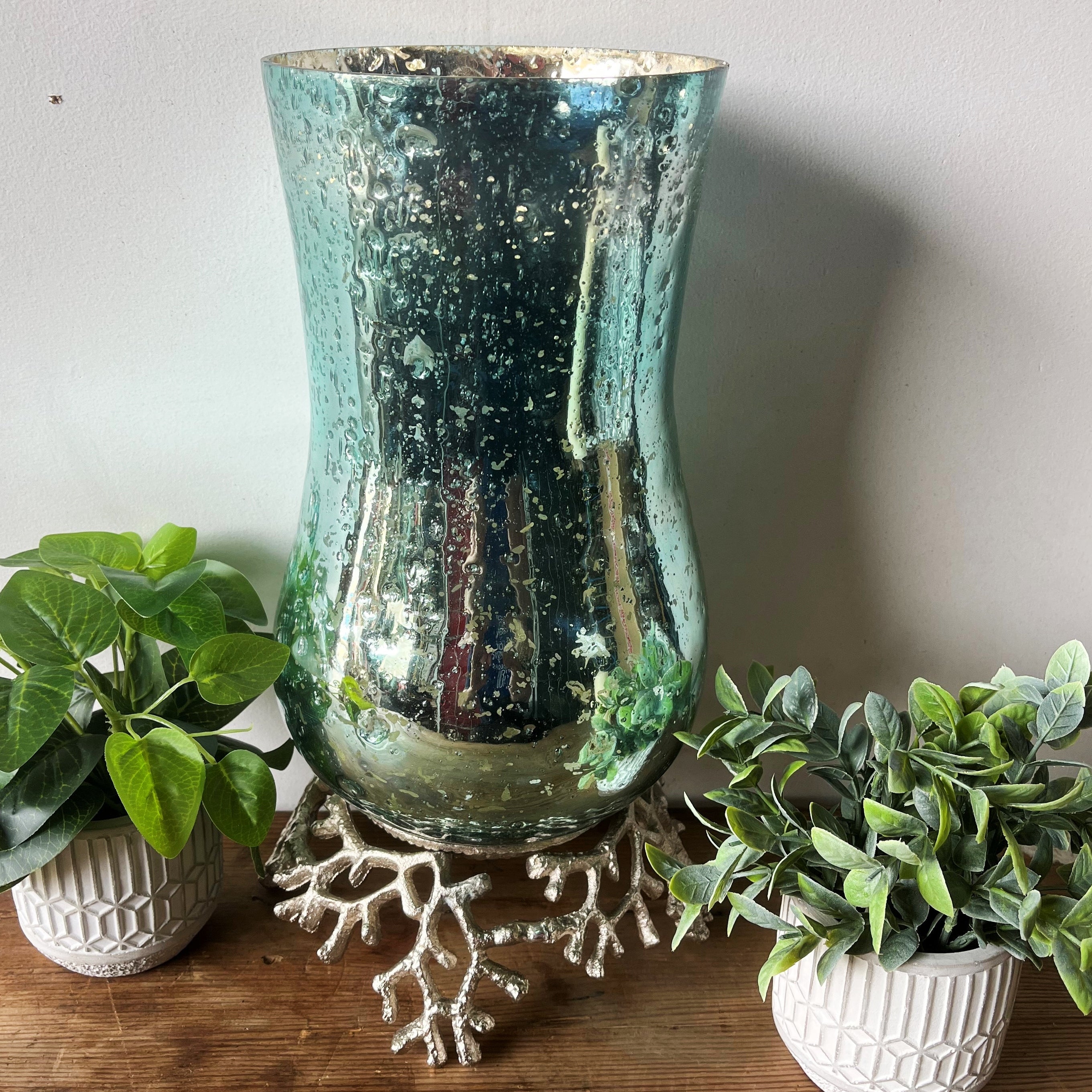 Back To The Sea Aqua Coral Nickel Glass Hurricane Lantern