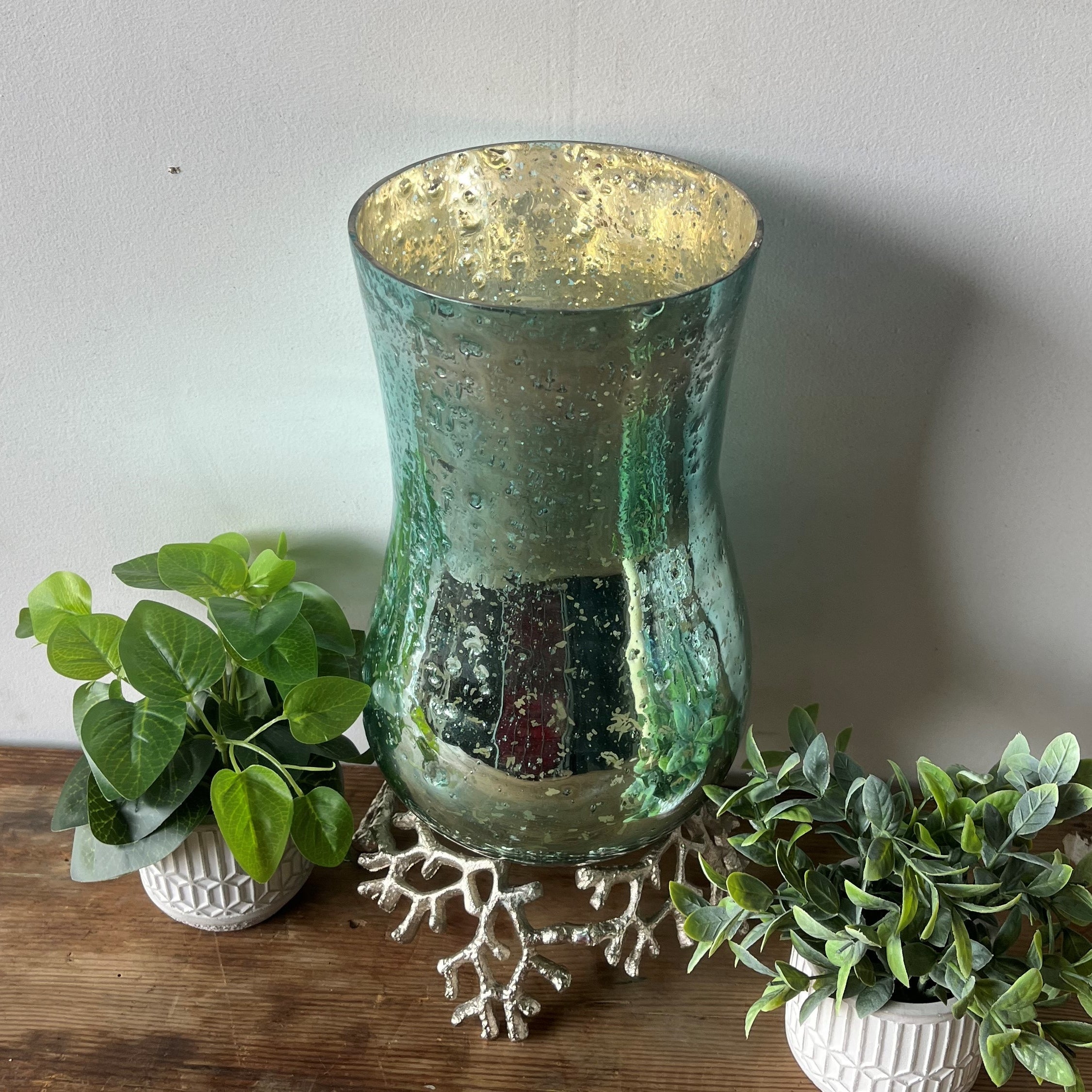 Back To The Sea Aqua Coral Nickel Glass Hurricane Lantern