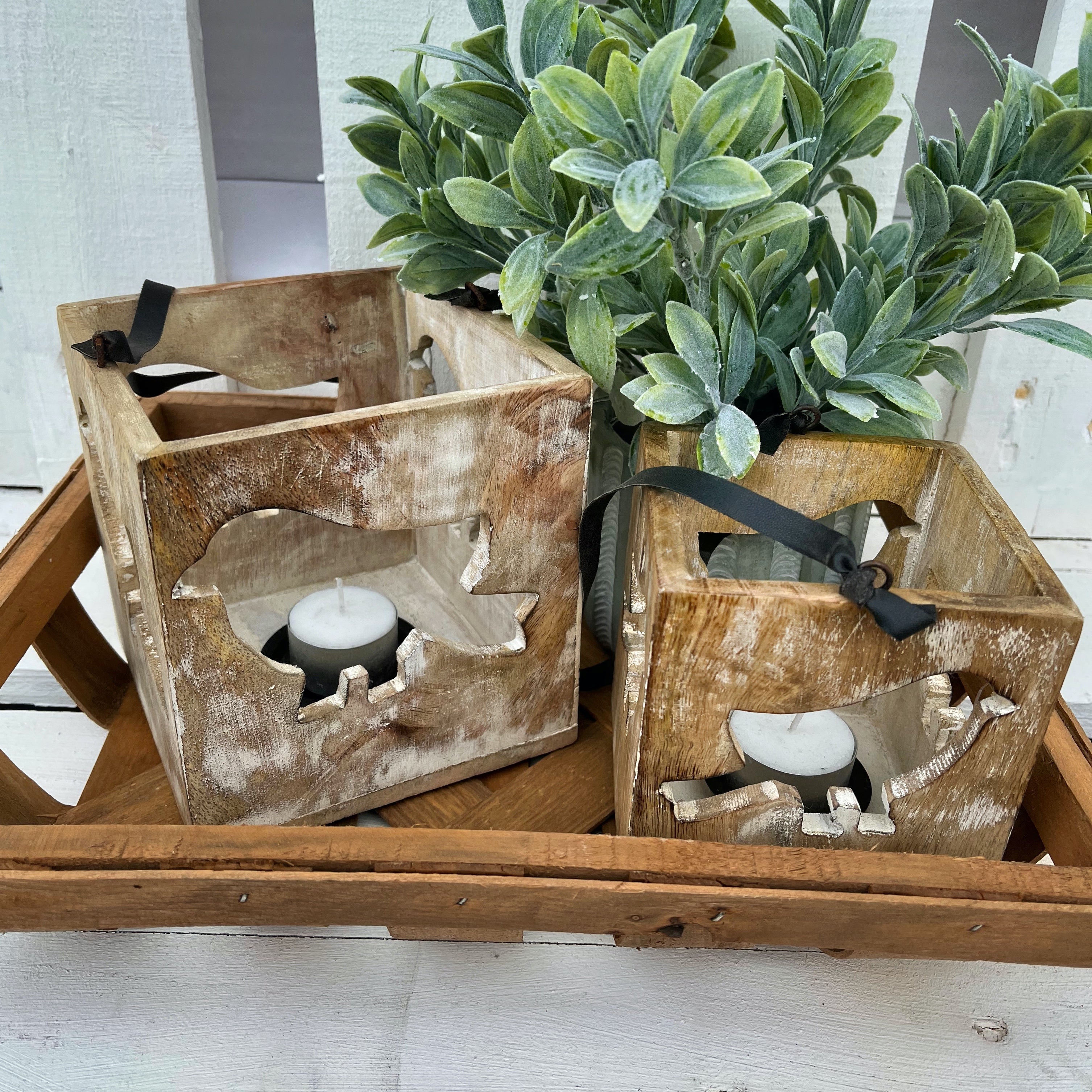 Carved Bird Mango Wood Lantern, Set of 2