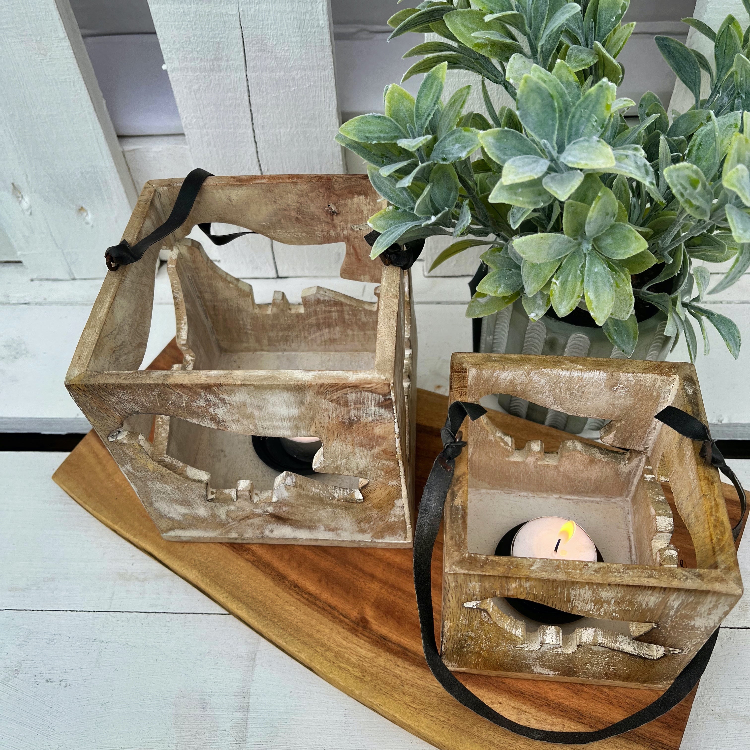 Carved Bird Mango Wood Lantern, Set of 2