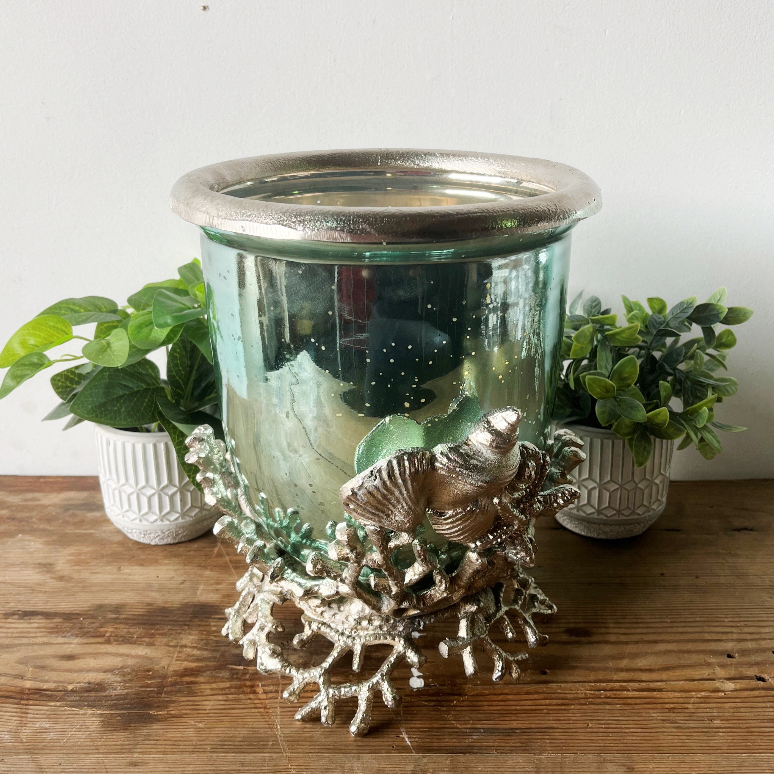 Back To The Sea Aqua Shell Nickel Glass Hurricane Lantern Large