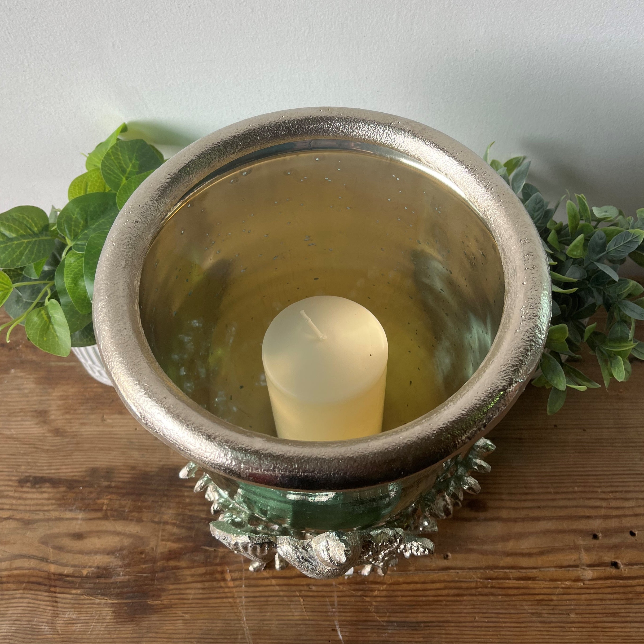 Back To The Sea Aqua Shell Nickel Glass Hurricane Lantern Large