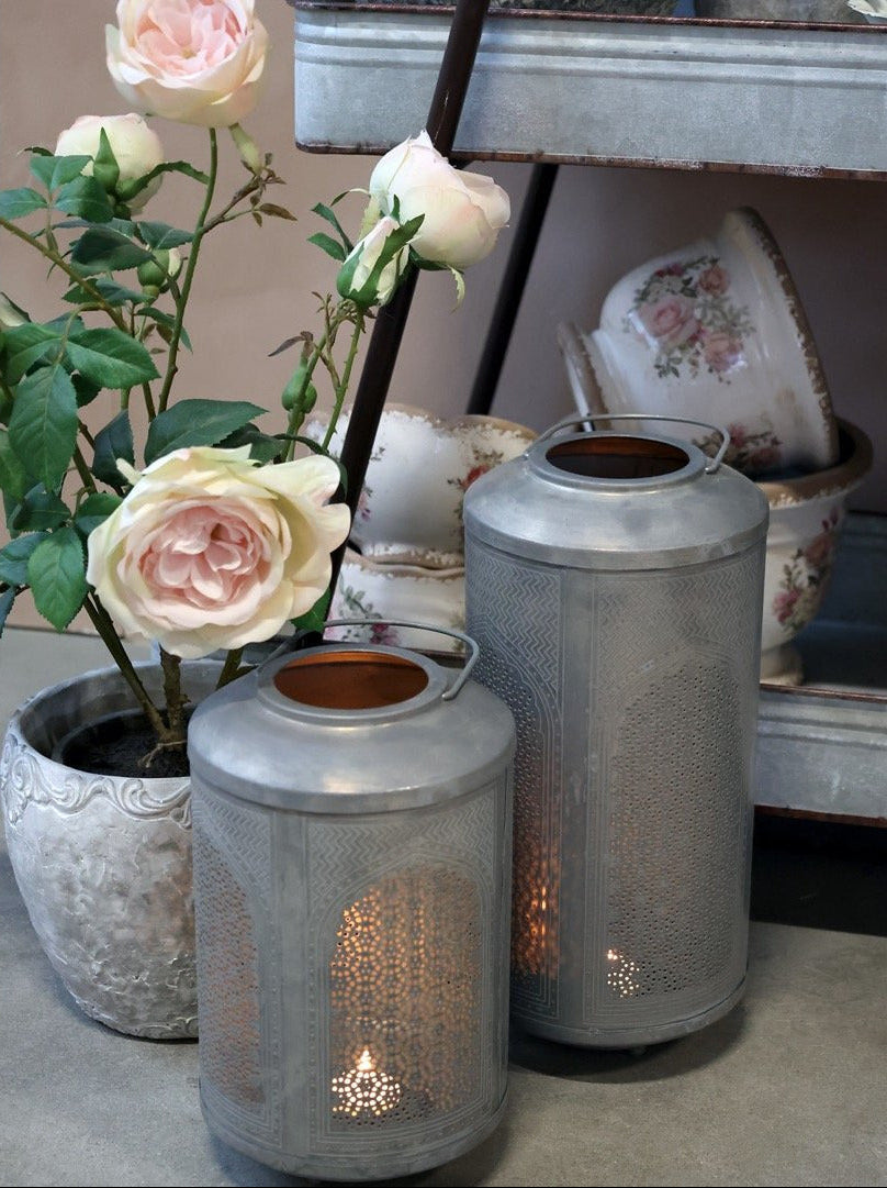 Grey Metal Lantern With pattern, Medium