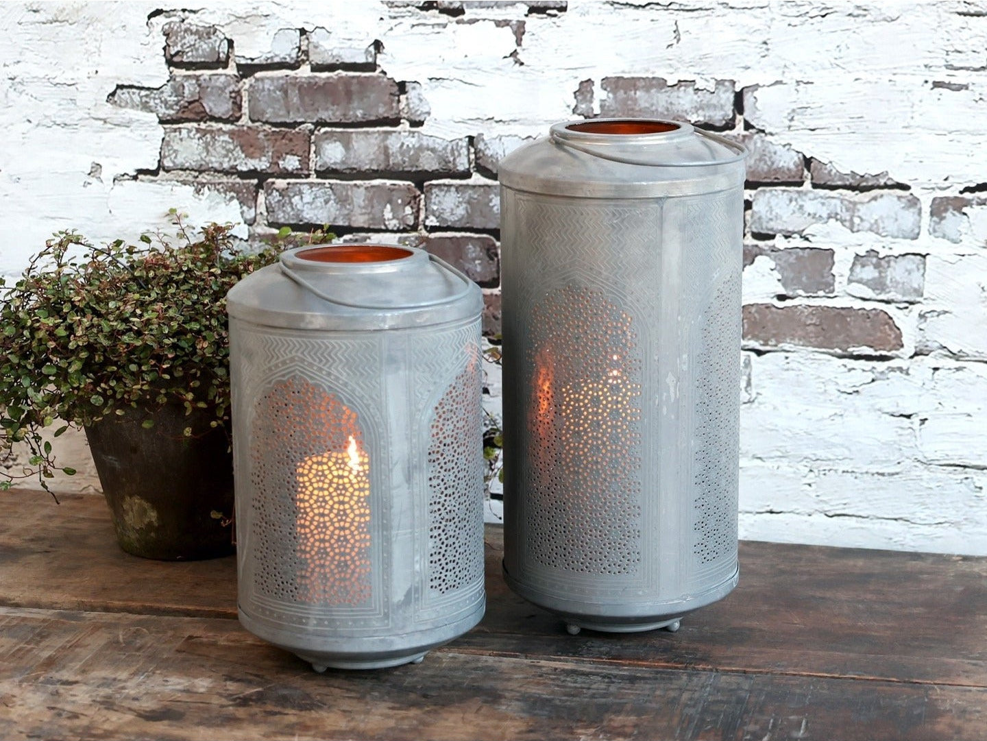Grey Metal Lantern With pattern, Medium