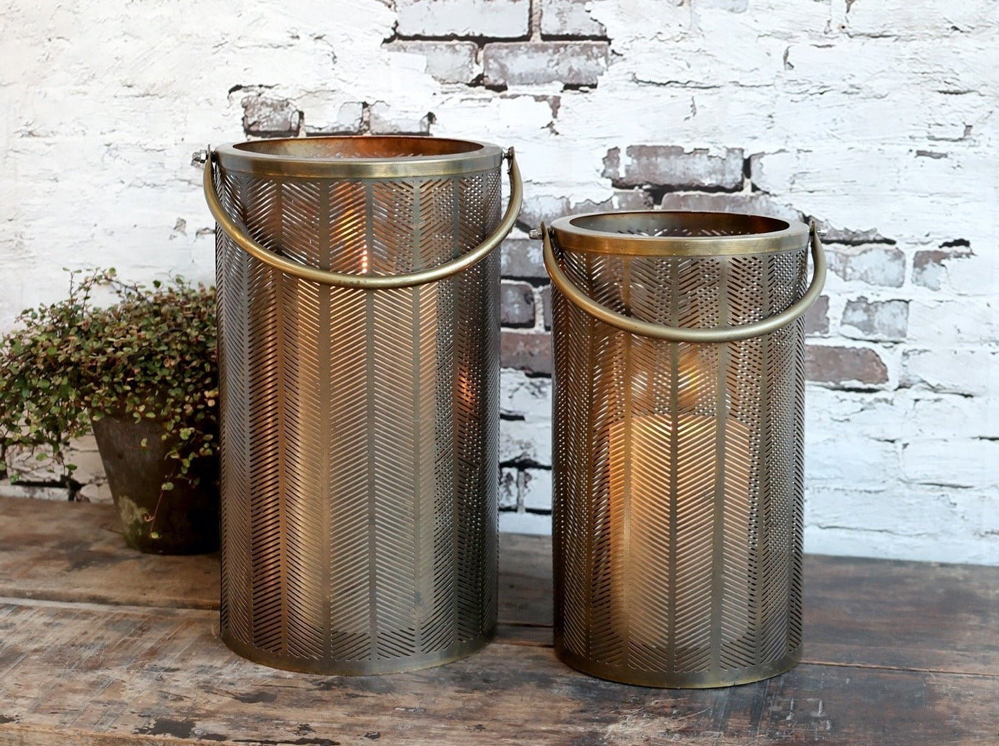 Brass Lantern With Herringbone Pattern, Medium