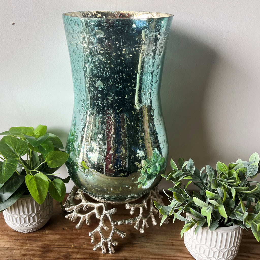 Back To The Sea Aqua Coral Nickel Glass Hurricane Lantern