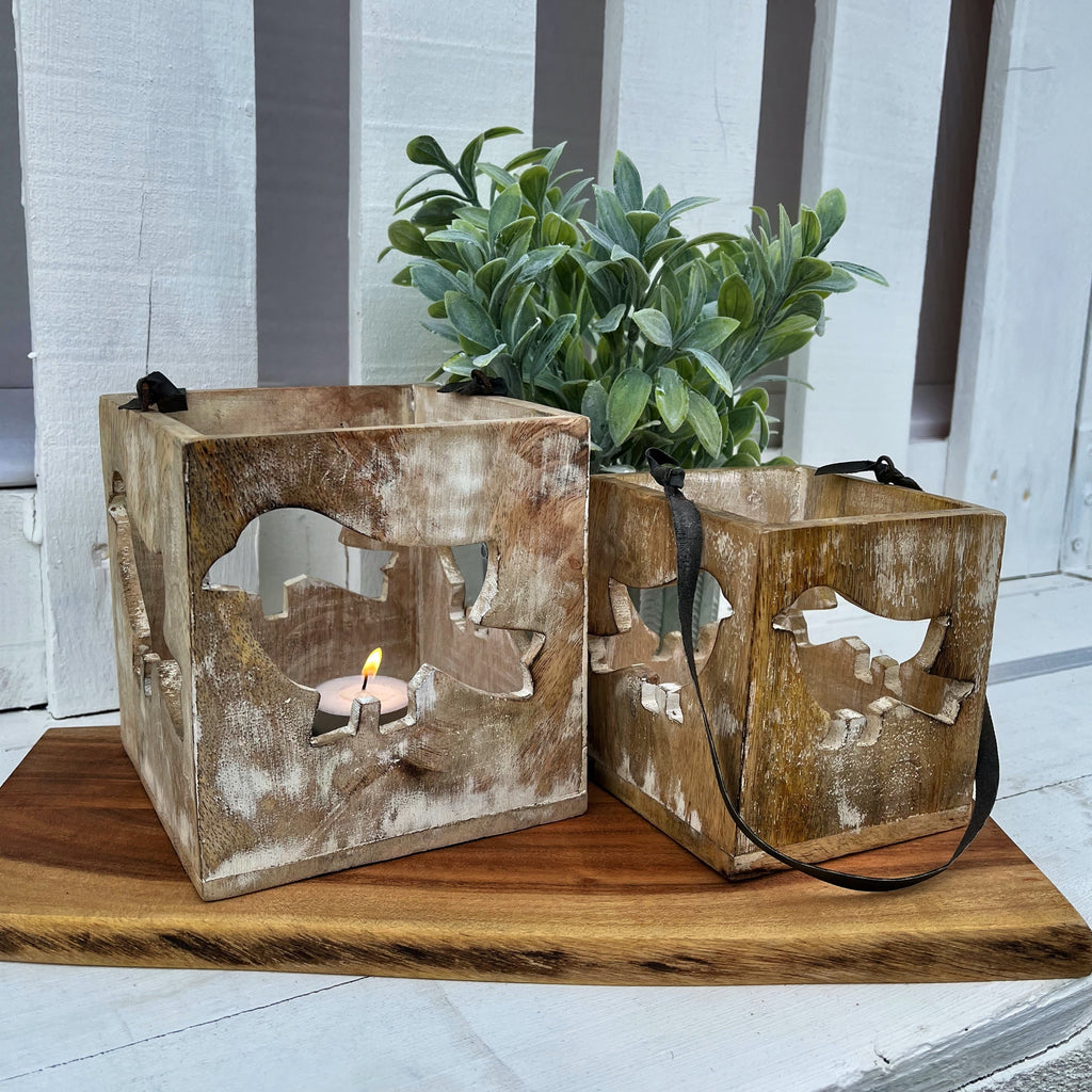 Carved Bird Mango Wood Lantern, Set of 2